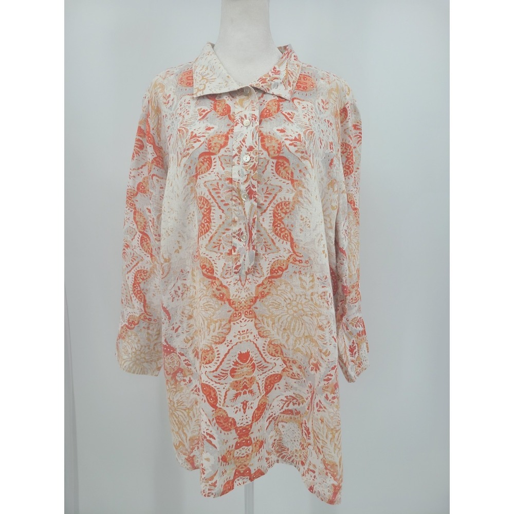 Chico's Linen Bohemian Tunic Women Sz 12 / 14 Artsy Resort Wear Floral Medallion - Picture 1 of 10